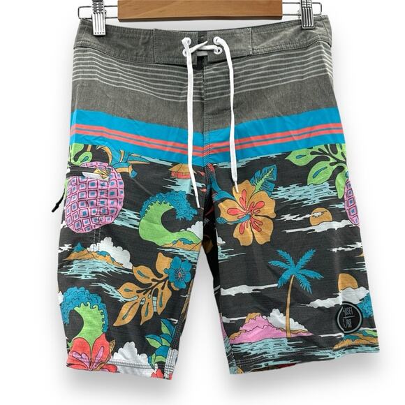 Nauset Surf Gray Multicolor Tropical Floral Palm Tree Print Swim Trunks Sz 27 - Picture 1 of 9